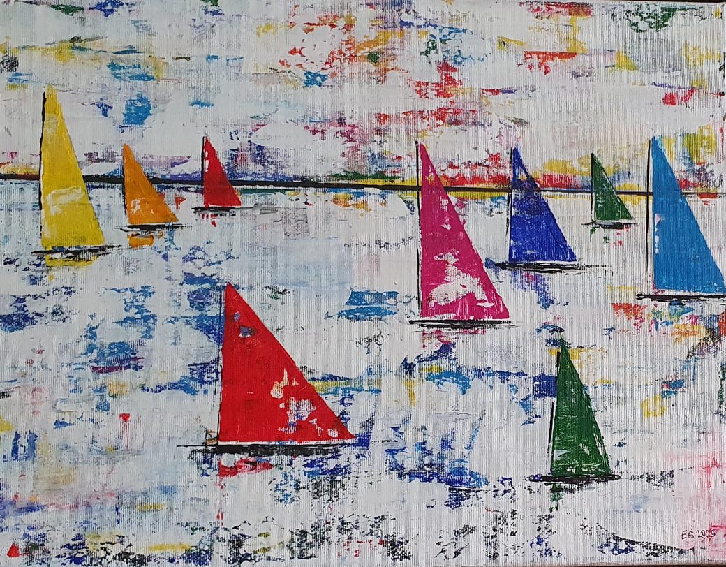 Gemälde: bunte Segelboote auf hellem, blau und rot getupftem Wasser